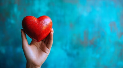 Heartfelt Affection - Hand Holding Vibrant Red Heart on Blue Background with Copy Space for Text, Love and Care Concept