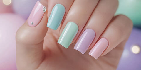 Cute feminine multicolored manicure in a pastel color palette. Shape of nails soft square.