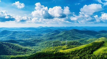 Naklejka premium Wind turbines on Blue Ridge Mountains, panoramic view, lush green scenery, clear blue sky, renewable energy concept