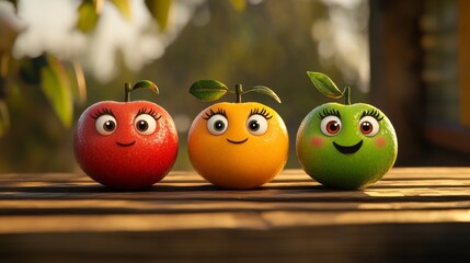 An illustration of funny fruit characters on a wood floor, generated by stock.