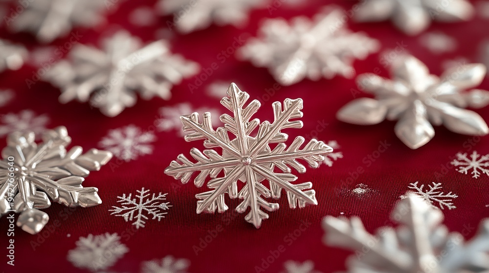 Poster sharp, angular snowflakes arranged in a repeating pattern on a festive tablecloth, creating a clean,