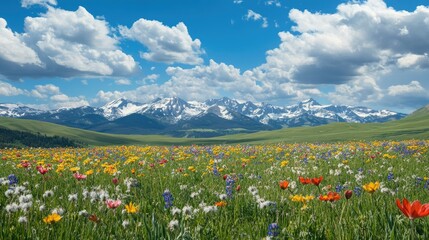 Fototapeta premium A vast, open field of wildflowers with snow-covered mountains in the background, under a bright blue sky filled with fluffy white clouds.