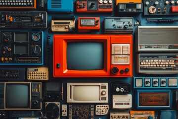 Fototapeta premium Retro Nostalgia: 80s and 90s Electronic Gadgets Background with Copy Space for Text