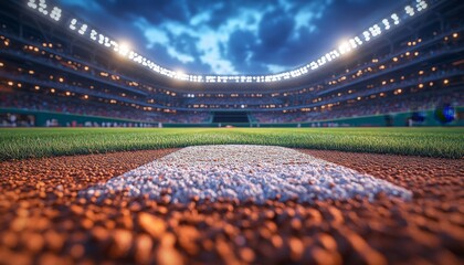 Dynamic Baseball Field Illustration Under Stadium Lights with AI-Generated Realism, Sports Event Excitement Concept.