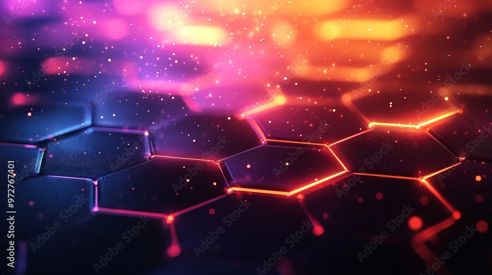 Poster abstract and futuristic hexagonal background with colorful and glowing neon effect. modern technolog