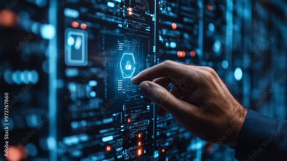 Poster man hand using cybersecurity interface