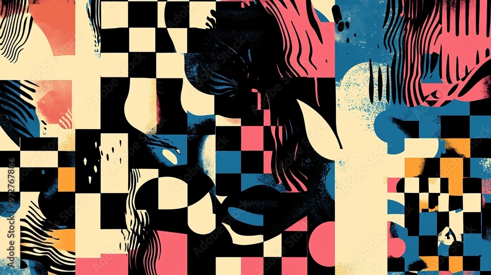 Poster brutalist geometric shapes, modern symbols. groovy checkered pattern, distorted tiled grid. simple e