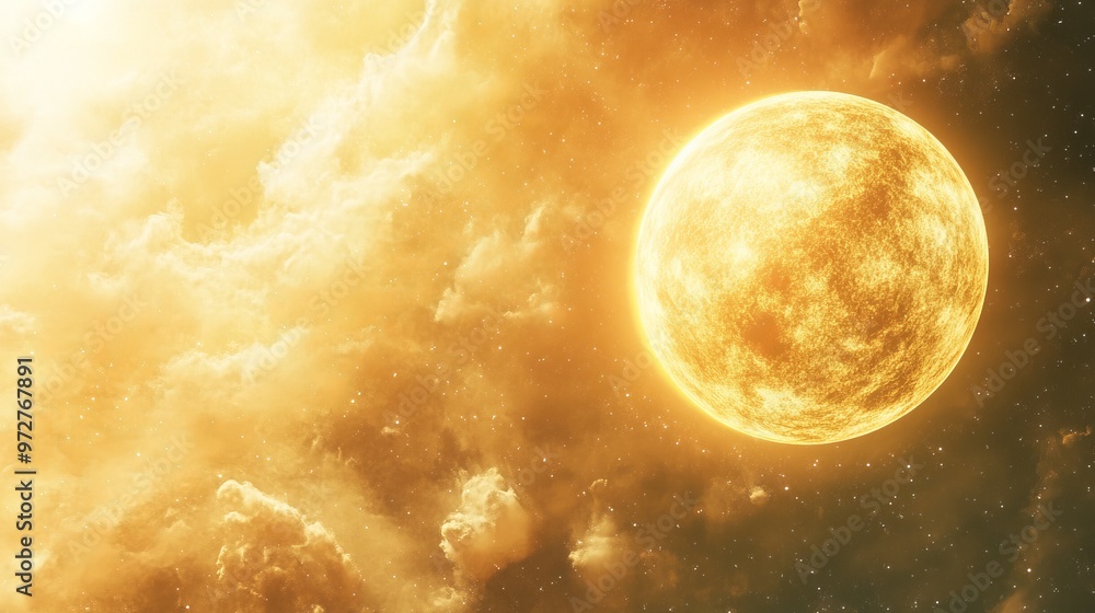 Poster this image depicts a bright glowing celestial planet with an ethereal light, set against a backdrop 