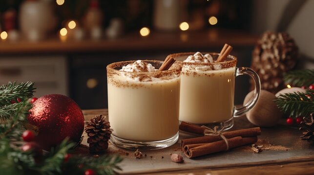 Making homemade eggnog in a festive kitchen, with nutmeg, cinnamon sticks, and holiday mugs ready for serving. 4K hyperrealistic photo.