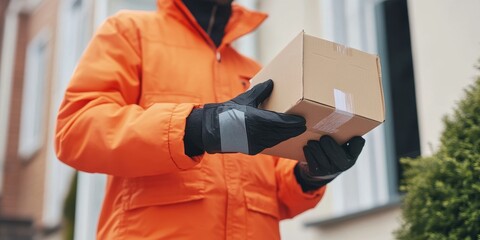 A delivery person in an orange jacket holds a package, showcasing the service of home delivery in a residential area.