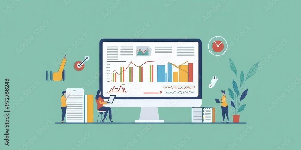 Fototapete a digital workspace featuring charts and graphs, illustrating data analysis and business performance