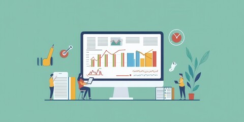 A digital workspace featuring charts and graphs, illustrating data analysis and business performance metrics on a computer screen.