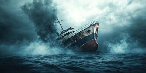 Naklejka premium A distressed ship battling tumultuous waves under dark, stormy skies, capturing the essence of maritime struggle and adventure.