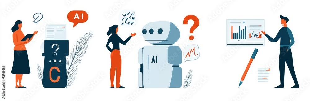 Poster a set of stock illustrations illustrating scenes where characters interact with ai chatbots. a conce