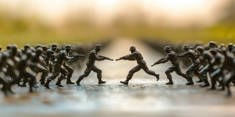A dramatic standoff scene with toy soldiers facing off, showcasing tension and conflict in a miniature battle setup.