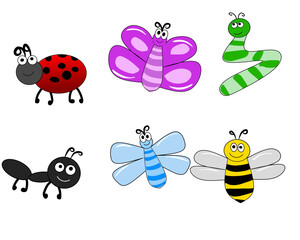 six cute cartoon-style insect illustrations. It includes a red ladybug with black spots, a purple butterfly, a green striped caterpillar, a black ant, a blue striped dragonfly, and a yellow bee.