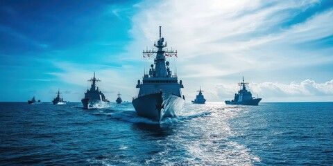 Obraz premium A fleet of naval ships sailing through calm waters under a bright blue sky, showcasing maritime strength and cooperation.
