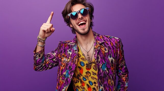 Photo portrait of pretty young male show rock music gesture fan wear trendy colorful outfit isolated on violet color background