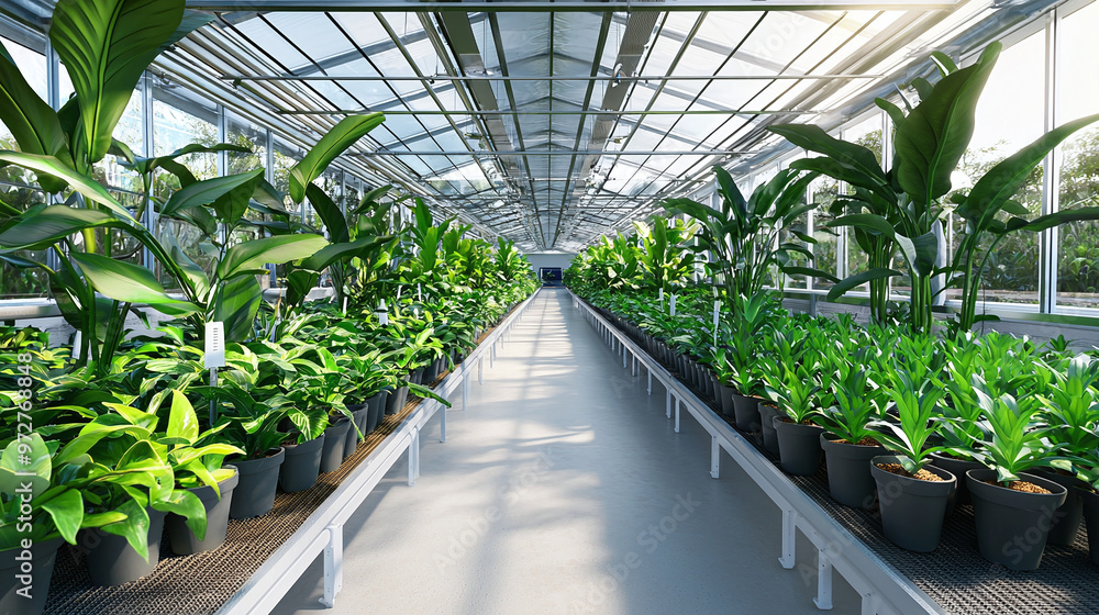 Wall mural a greenhouse environment with an efficient irrigation system and thriving plants