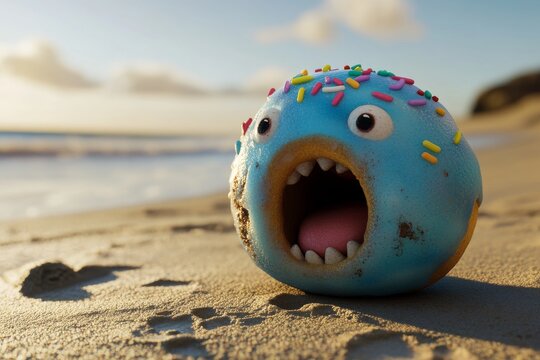 Donut with jelly eyes. Stock. Funny creature with cheeseburger on autumn farm background. Header for website, advertisement.