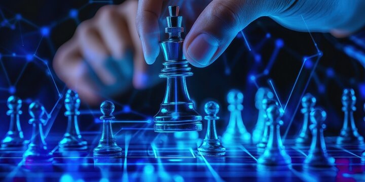 A hand moves a chess piece on a glowing digital board, symbolizing strategy, intelligence, and competition in games.
