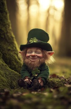 An evil leprechaun does not want to be seen in a spooky forest realistic photo character generative AI illustration. Concept for leprechauns myth legends in the woods.
