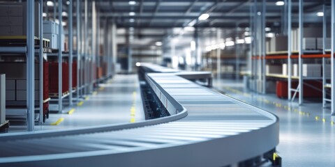 Obraz premium A modern warehouse interior showcasing a conveyor belt system for efficient material handling and sorting.