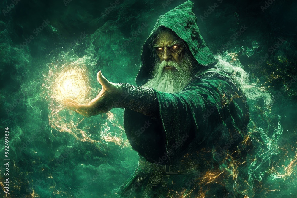 Poster a collage picture generated using stock showing a medieval wizard using dark magic fire spells