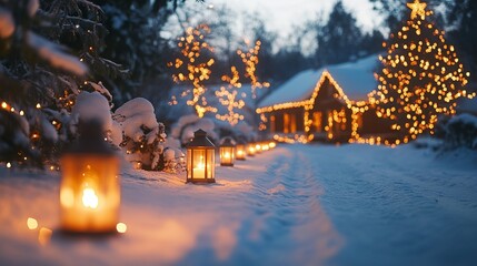 Setting up outdoor Christmas lights on a snowy front yard, with glowing decorations and a warm, festive ambiance. 4K hyperrealistic photo.