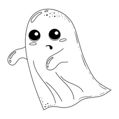 Funny scary ghost hovering in the air and scaring people. Childish spooky boo character for kids. Symbol of Halloween holiday. Silhouette on white background for design, logo, emblem, stickers