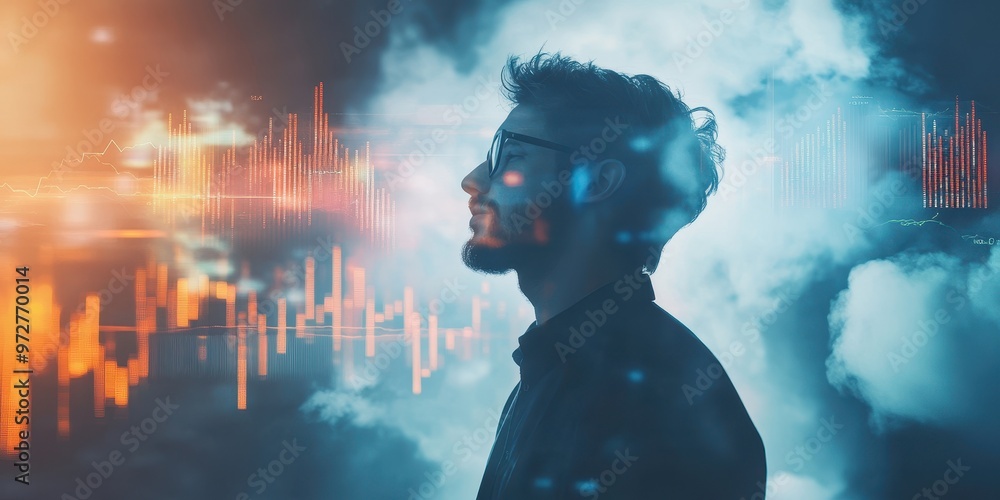 Poster a profile of a thoughtful man surrounded by digital graphics representing data and technology in a f