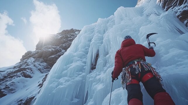 Ice climber scaling a frozen waterfall, with ice axes and crampons gripping the icy surface under a clear winter sky. 4K hyperrealistic photo.