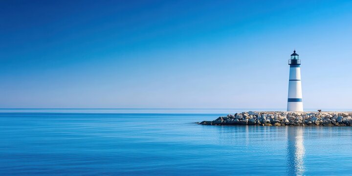 A serene landscape featuring a lighthouse by the calm blue sea under a clear sky, perfect for coastal themes and navigation. - Powered by Adobe