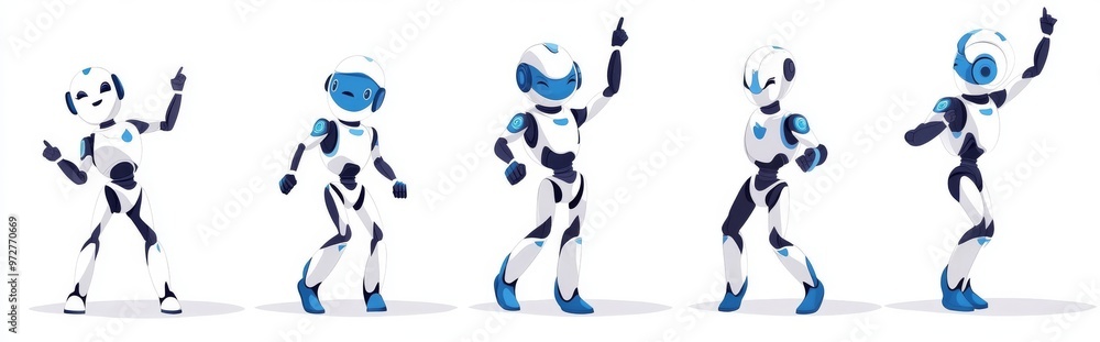 Poster isolated set of cartoon cute bots. mechanical robots with different expressions, service mascots, cu
