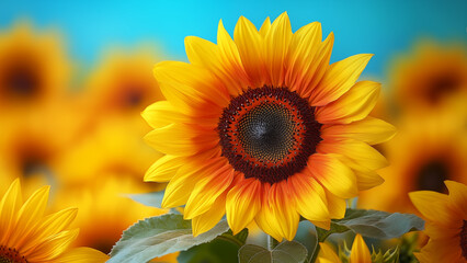 Obraz premium Vibrant sunflower blooming in field under blue sky. Concept of natural beauty