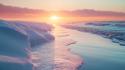 Sunset walk along a snow-covered beach, with icy waves gently lapping at the shore and a pastel-colored sky. 4K hyperrealistic photo.