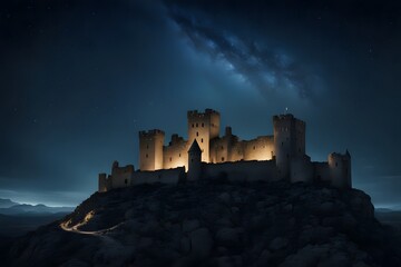 Obraz premium A dark starry night over an ancient castle with stars shimmering, Ai Generated