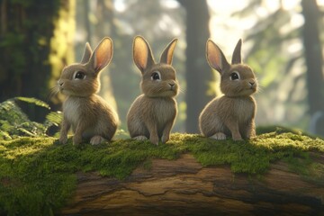 Illustration of cute cartoon rabbits looking up, generated using stock