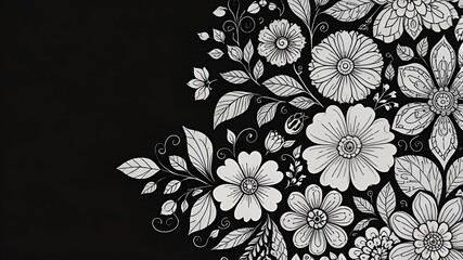 white flowers design on corner of black background with empty space for text