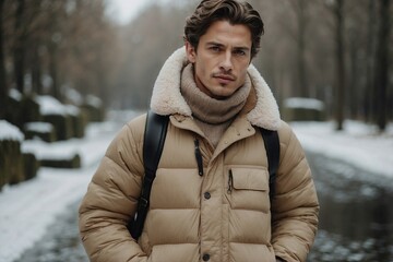 In the Winter Light. Man in Beige Cream Down Jacket with Hands in Pockets