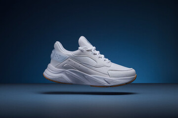 White Sneaker Floating on Blue Gradient Background – Men's Fashion Sport Shoe Concept"