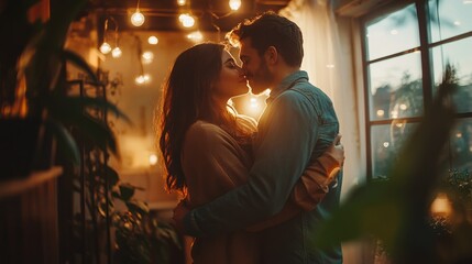 Photo of happy young couple kissing move new place enjoy live together new apartment room light house flat indoor