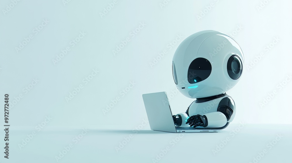 Aufkleber a cute friendly stock robot using a laptop computer with a neon glow light, a light grey background,
