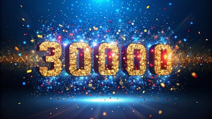 Vibrant numbers and confetti explode in celebration of achieving a 30,000 milestone on a sleek digital display against