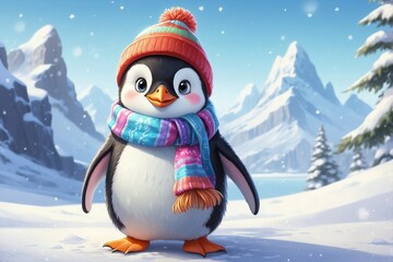 Charming Winter Penguin. Cute Penguin in Hat and Scarf Standing in Snow Under a New Year Sky