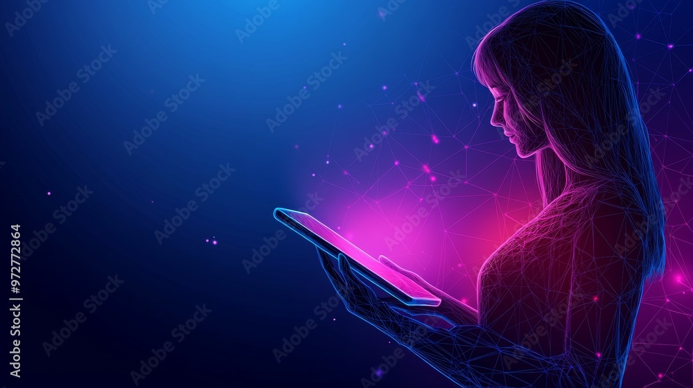 Poster futuristic low poly wireframe of a businessman using a chatbot app on a tablet. concept of technolog