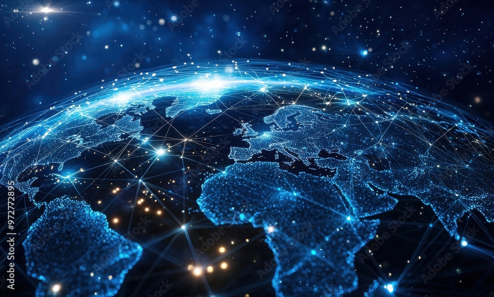 Poster global connections depicted on a digital world map with illuminated lines linking continents under a