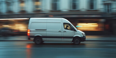A white delivery van in motion on a city street, capturing the essence of urban logistics and transportation.