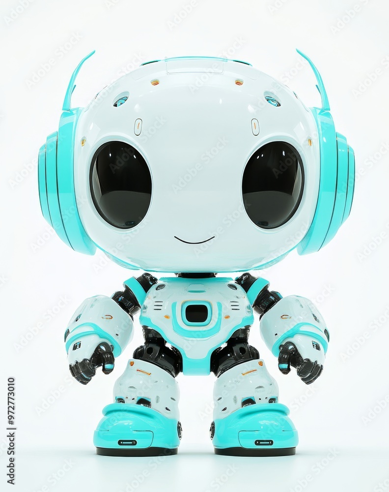Poster an isolated 3d robot character with a cheerful smile isolated on a transparent background.