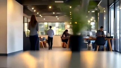 Casual-dressed people in a business office, blurred with a bokeh background, engaged in conversations and daily tasks, informal work atmosphere, modern workplace, office environment, teamwork, office